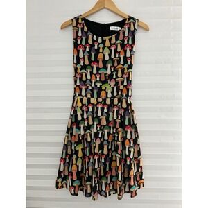 L.A. Soul Mushroom Print Fit Flare Retro Dress Black Sleeveless Pockets Small